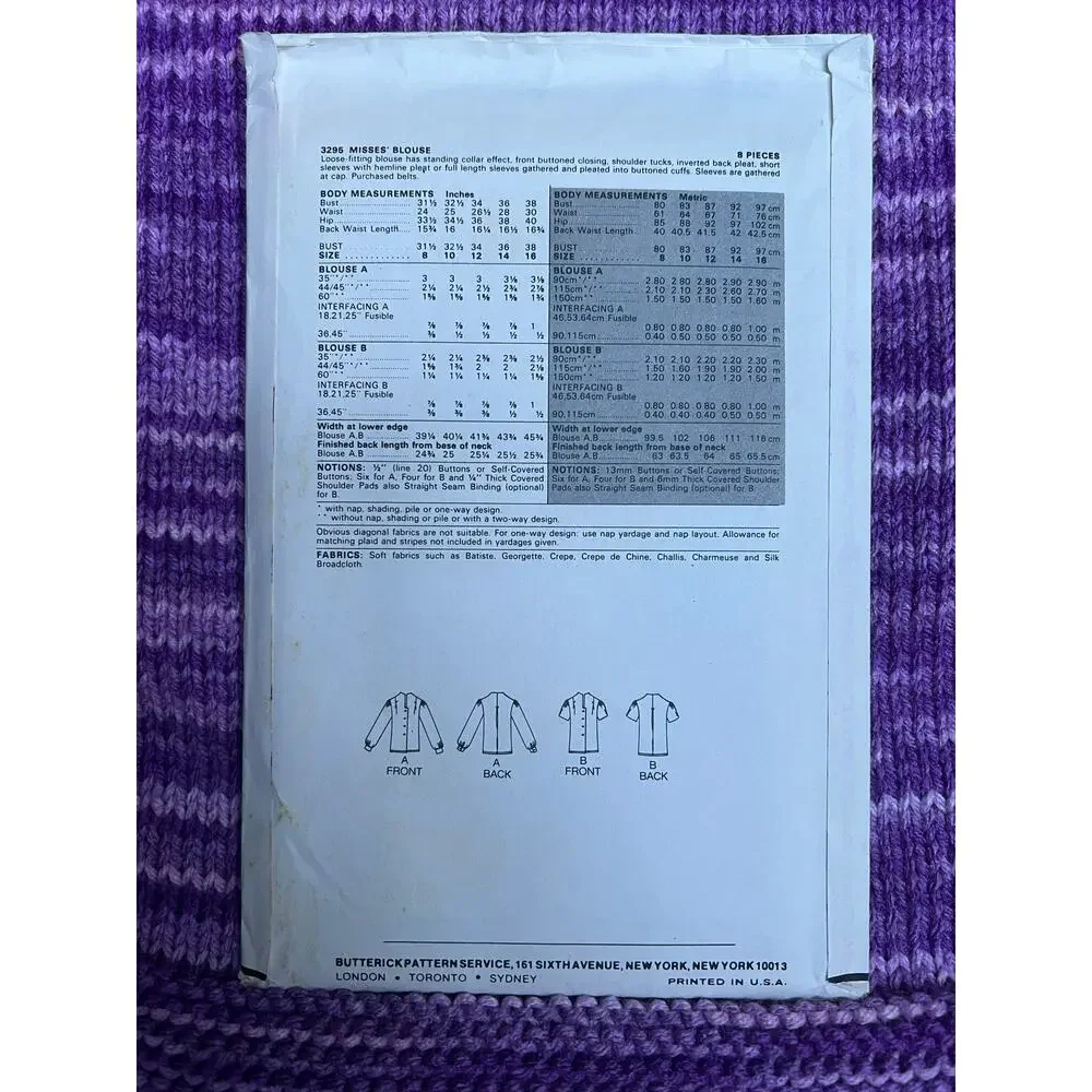 Butterick Sewing pattern 3295 blouse puff bracelet sleeves Size 8